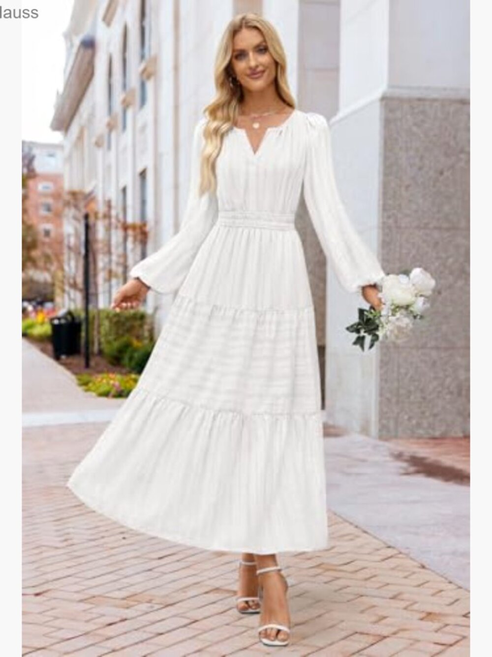 Long Sleeve V Neck Tiered Cotton Maxi Dress with Pockets Midi Casual - Picture 6 of 7